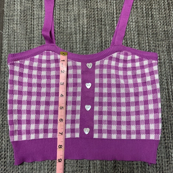 Purple Crop Top Gingham Pattern Button Hearts - Picture 4 of 7